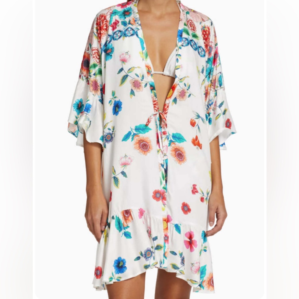 Johnny Was NWT Boho Silk-Rayon Blend Bell Sleeves Tie Close Cover-Up Kimono L/XL